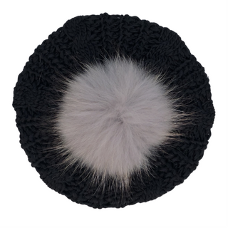 Black Cable Knit Solid Pom Pom Beret