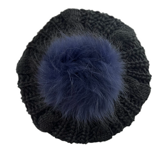Black Cable Knit Solid Pom Pom Beret
