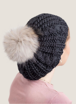 Black Cable Knit Solid Pom Pom Beret