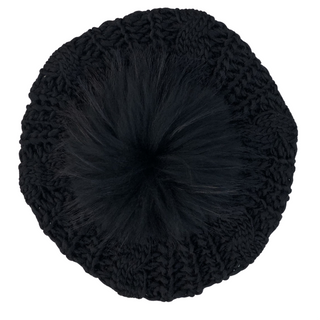 Black Cable Knit Solid Pom Pom Beret