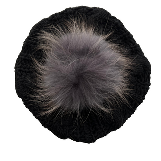 Black Cable Knit Solid Pom Pom Beret
