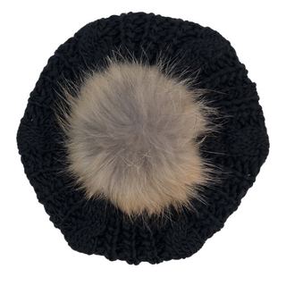 Black Cable Knit Solid Pom Pom Beret