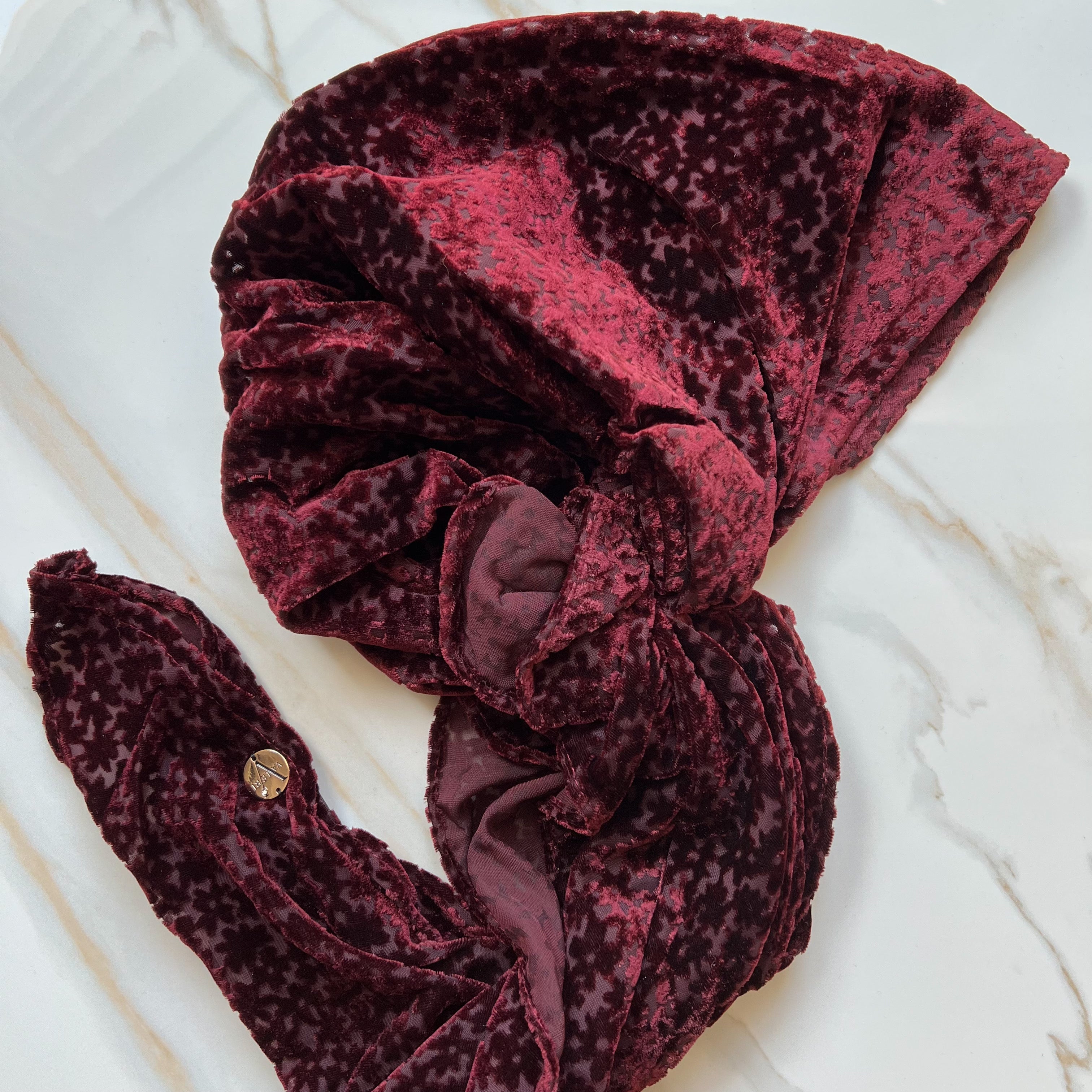 Odette Velvet Pre-Tied Scarf - Burgundy