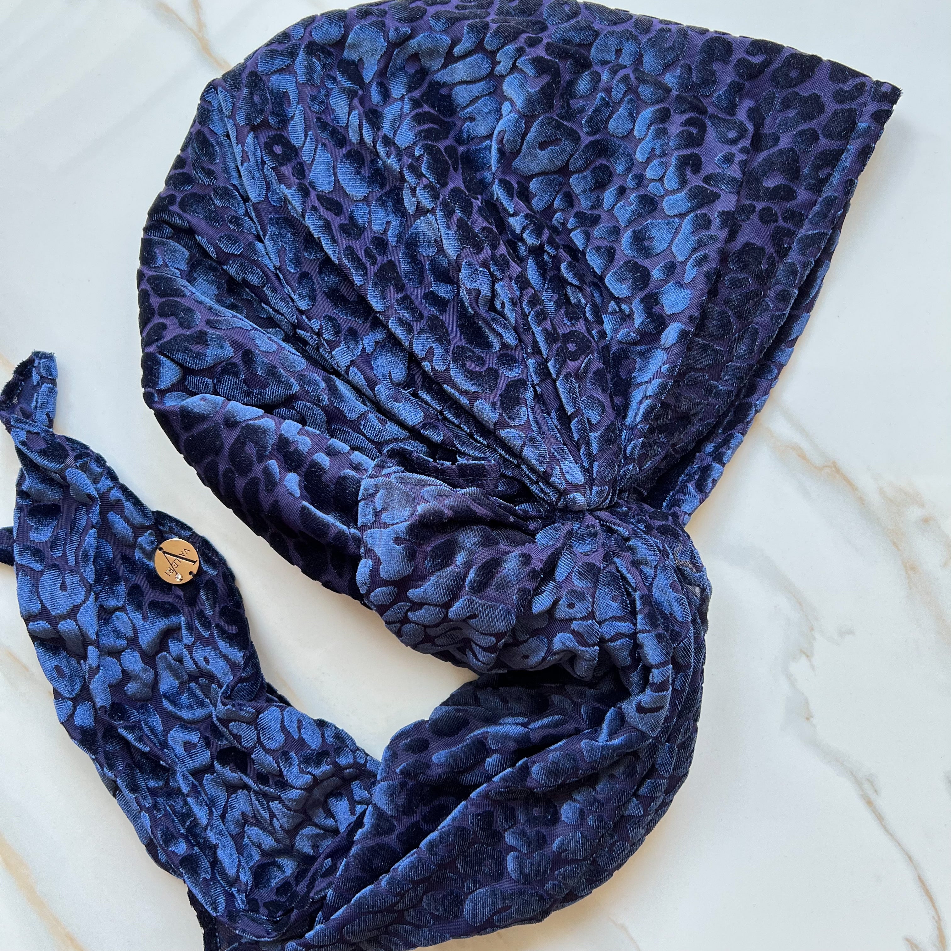 Leopard Velvet Pre-Tied Scarf - Blue