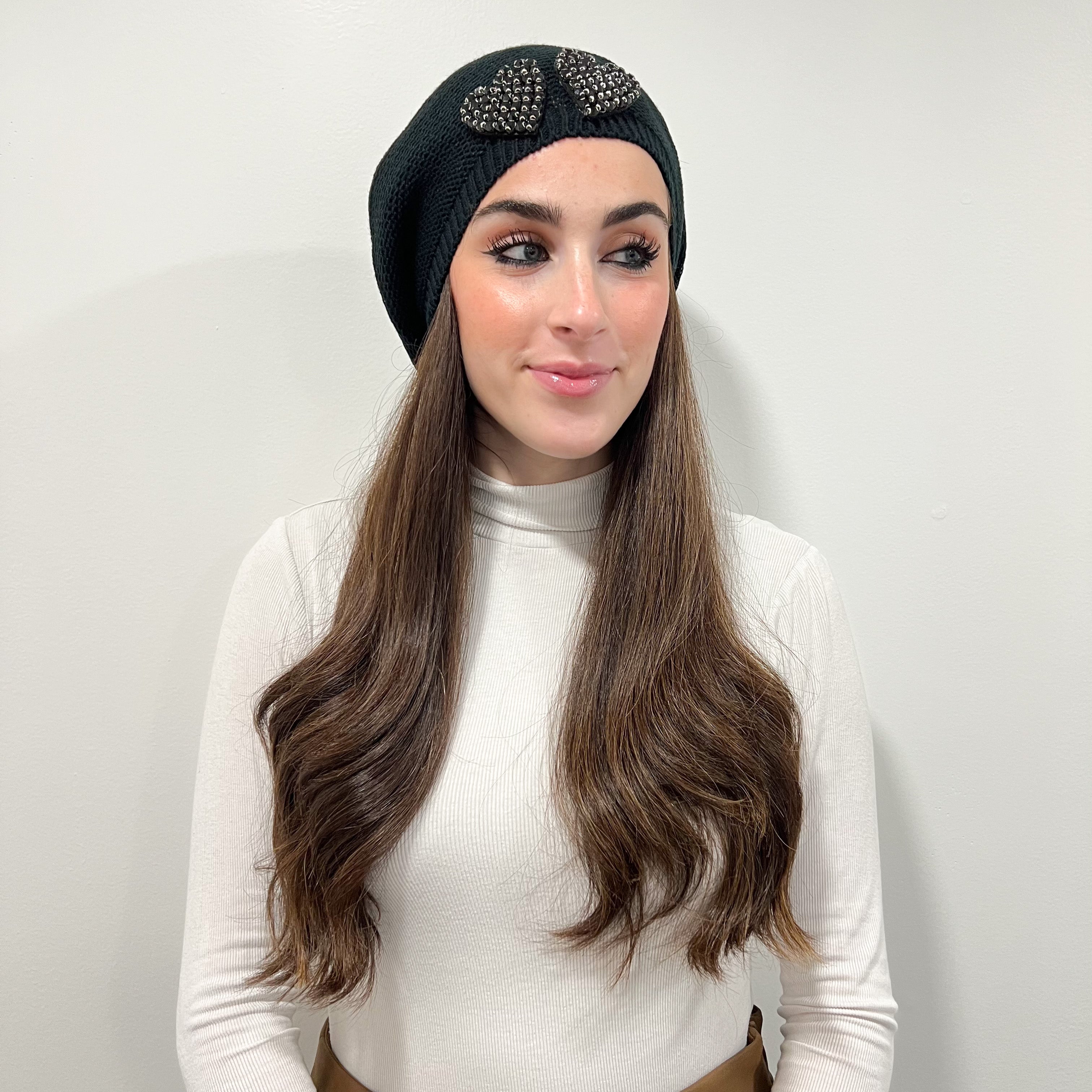 Crystal Heart Beret - Black