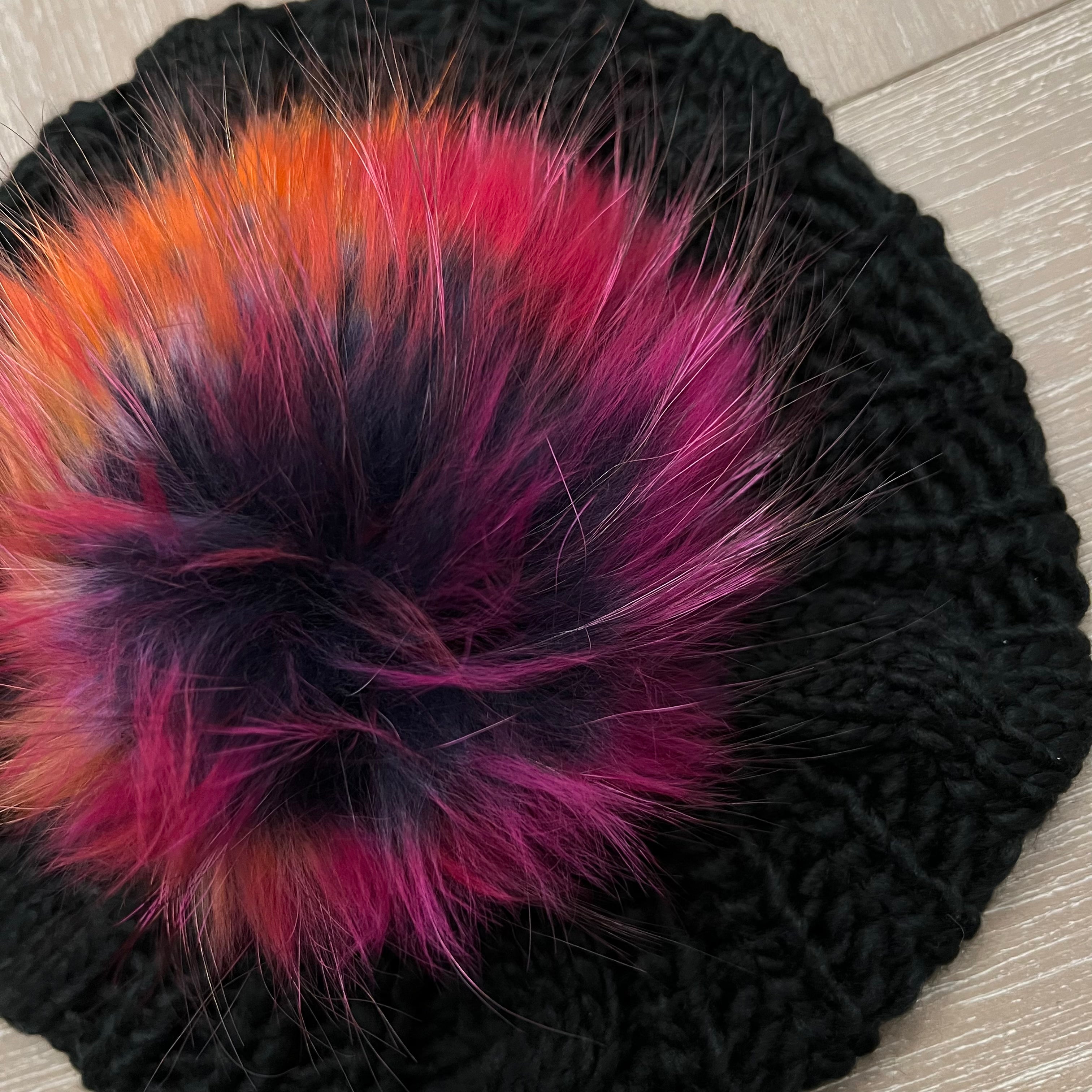 Black Beret w/ Dark Multi Color Pom Pom