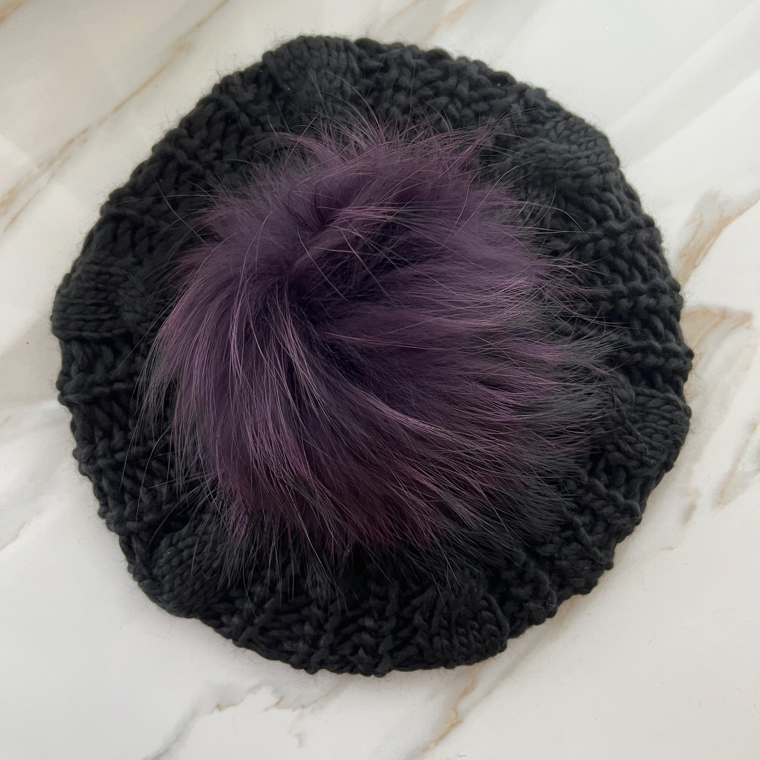 Black Winter Solid Pom Pom Cable Knit Beret