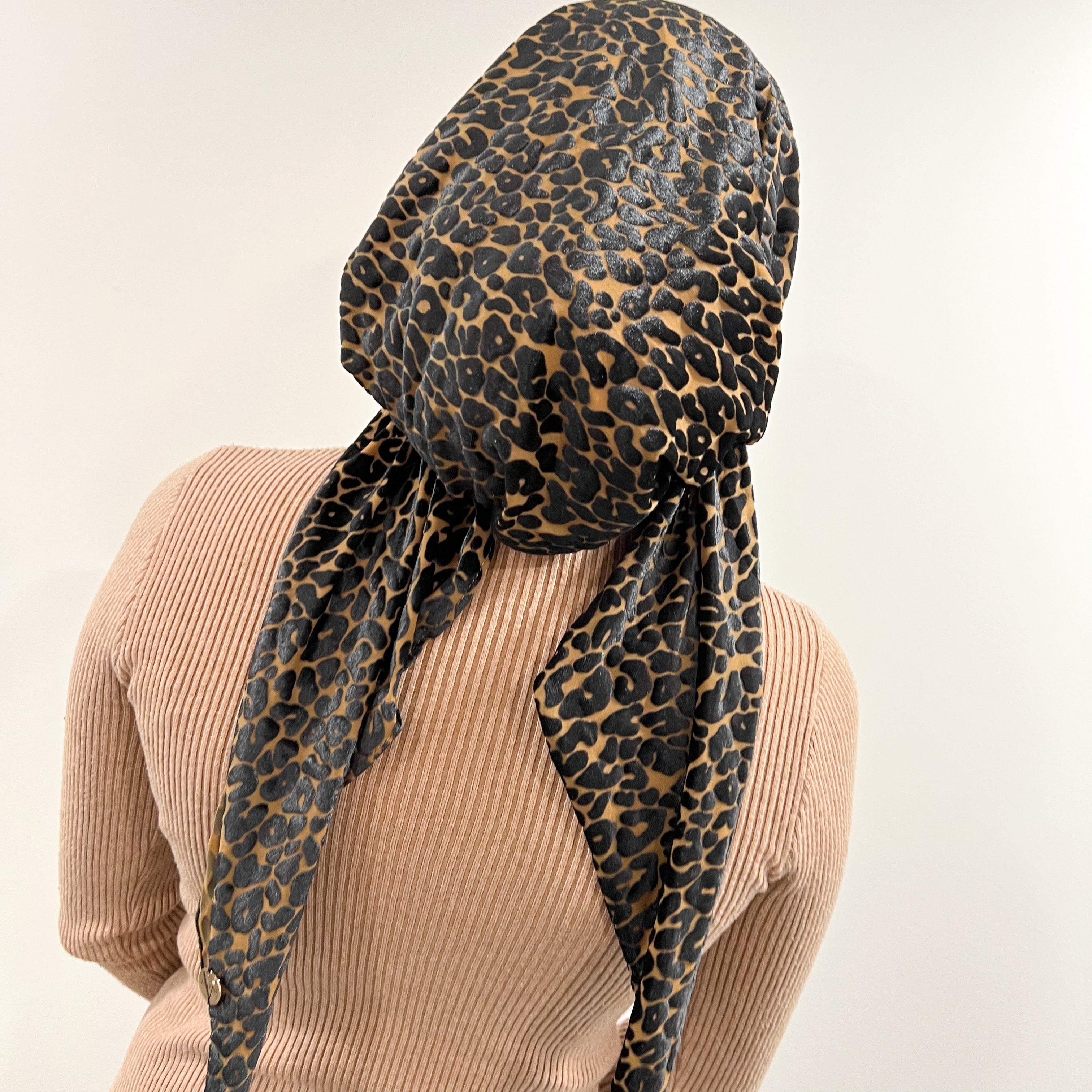 Leopard Velvet Pre-Tied Scarf- Camel