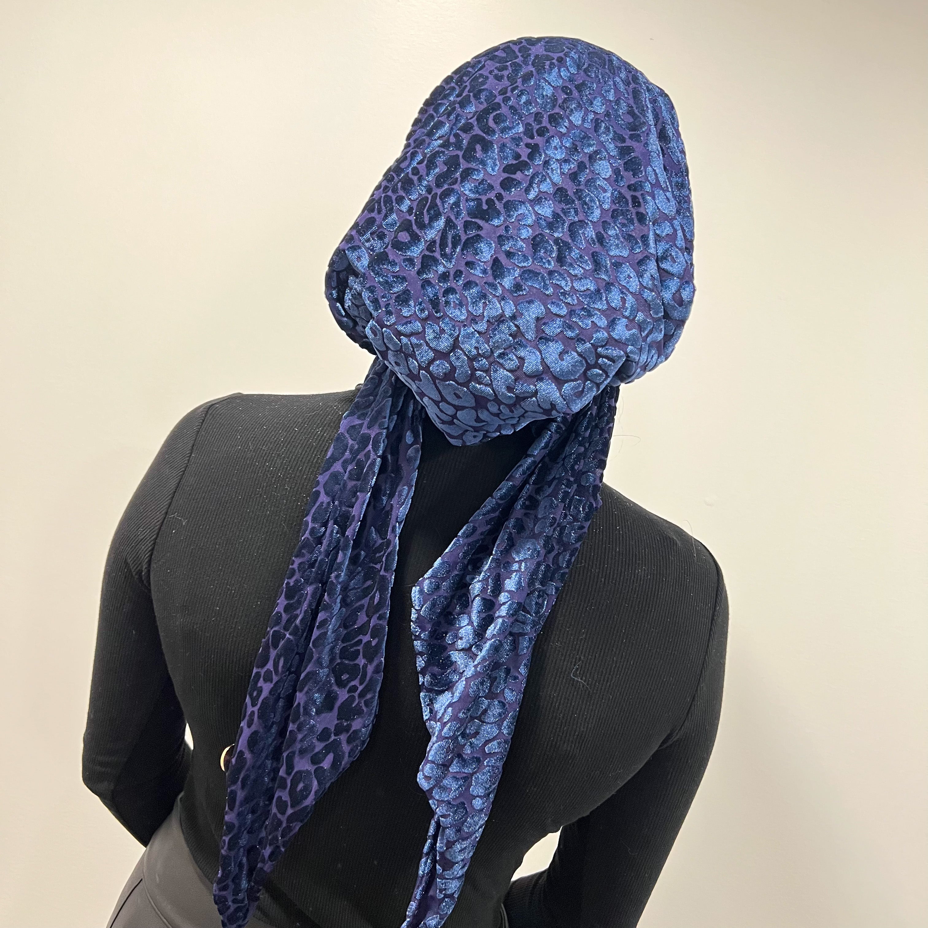 Leopard Velvet Pre-Tied Scarf - Blue