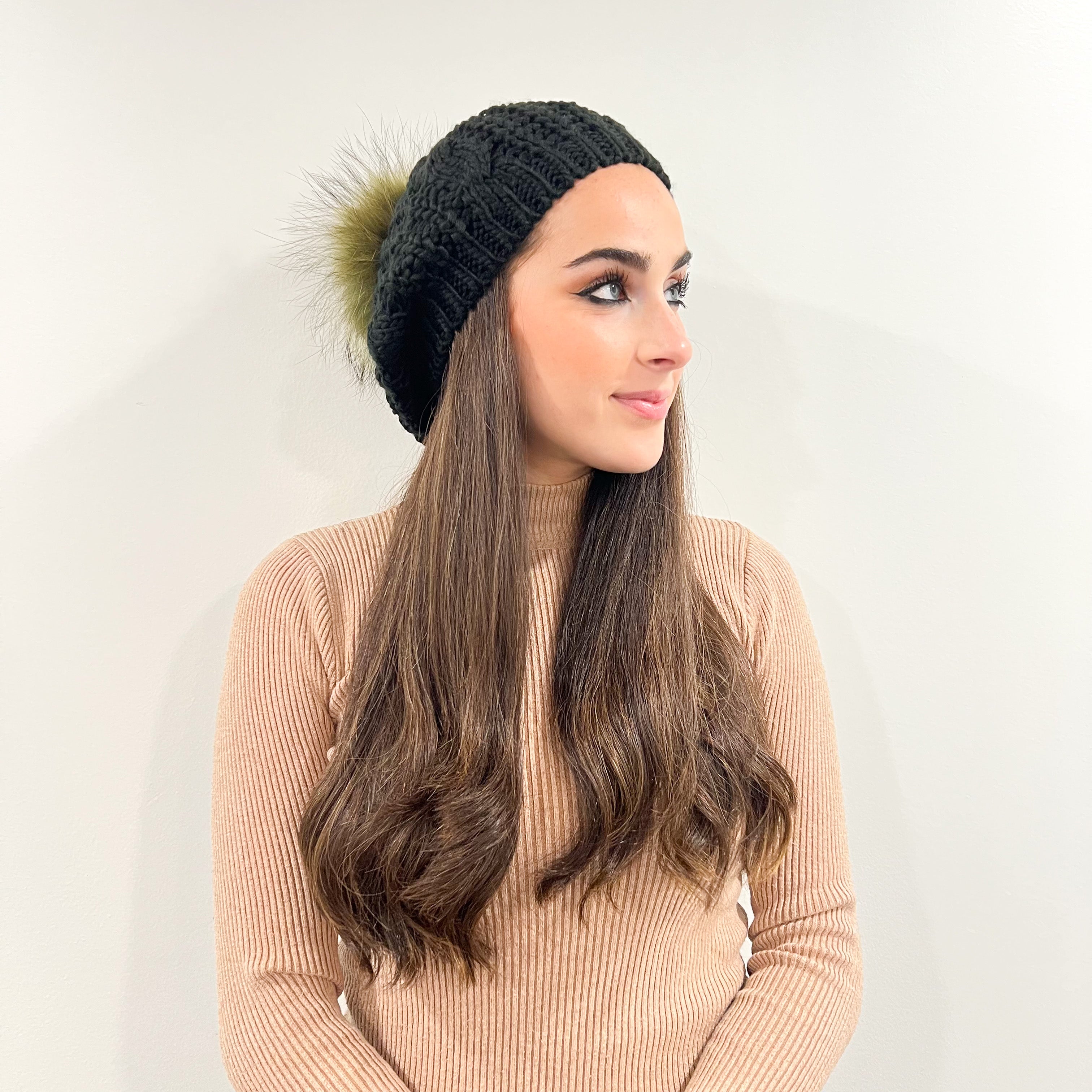 Black Winter Solid Pom Pom Cable Knit Beret