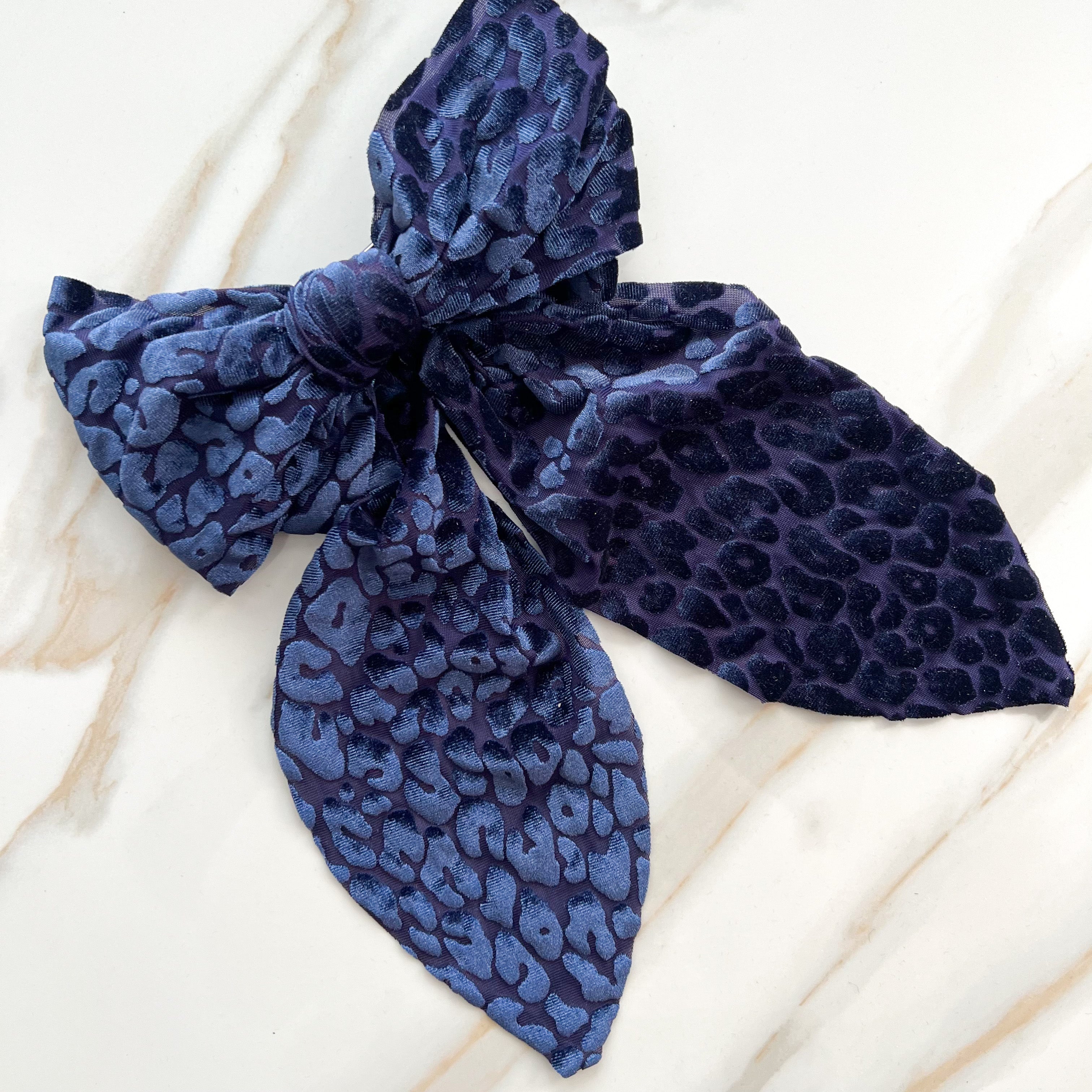 Leopard Velvet Bow - Blue