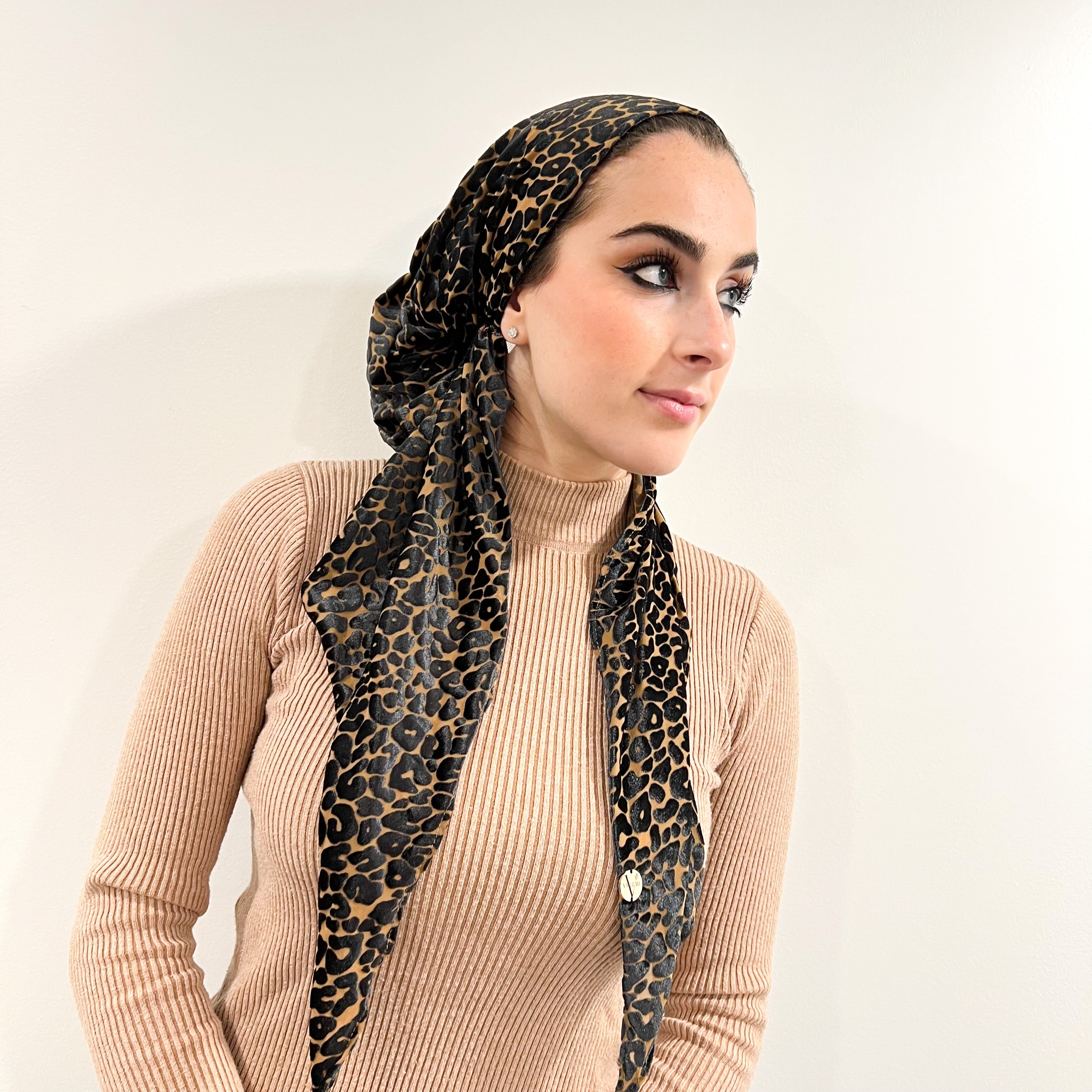Leopard Velvet Pre-Tied Scarf- Camel