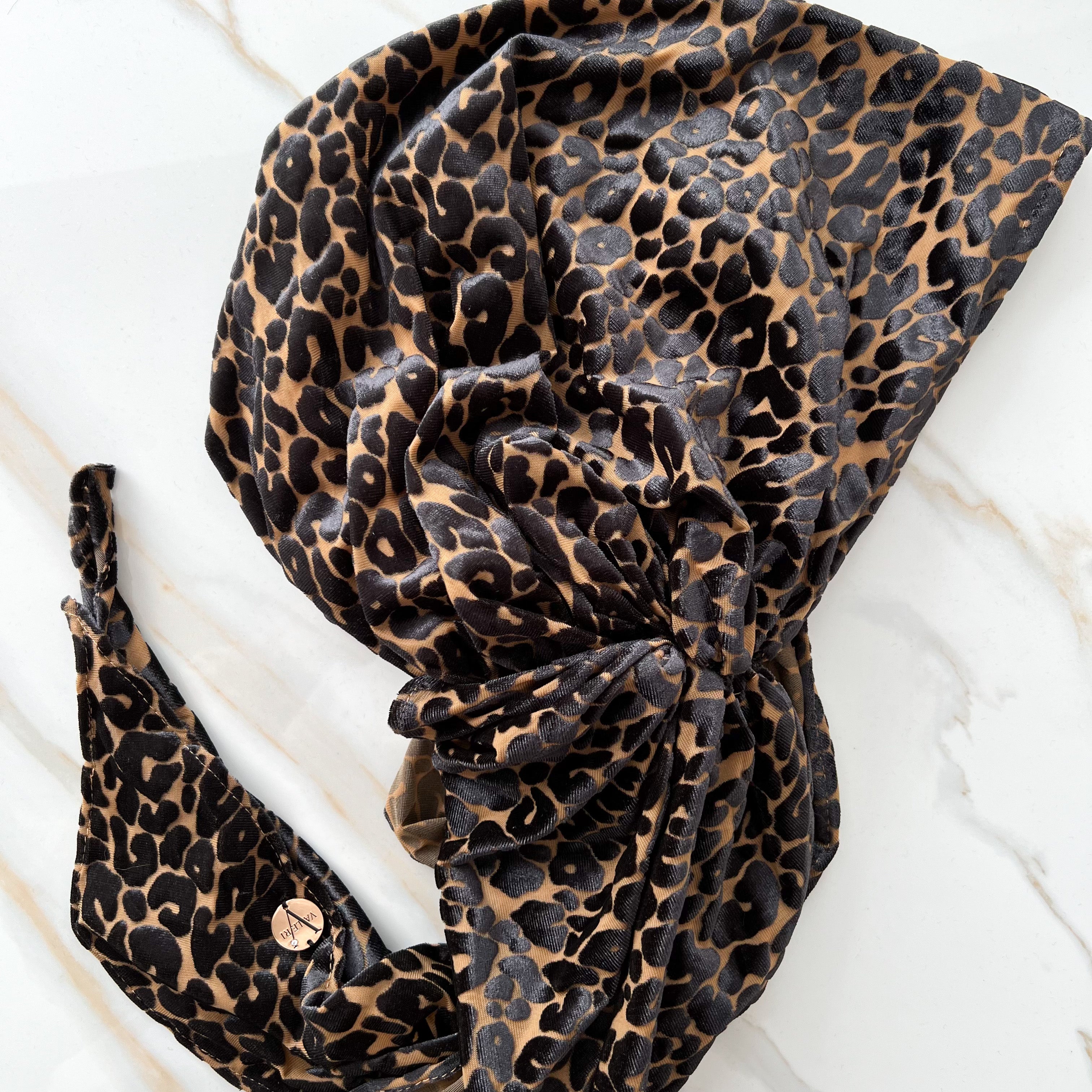 Leopard Velvet Pre-Tied Scarf- Camel