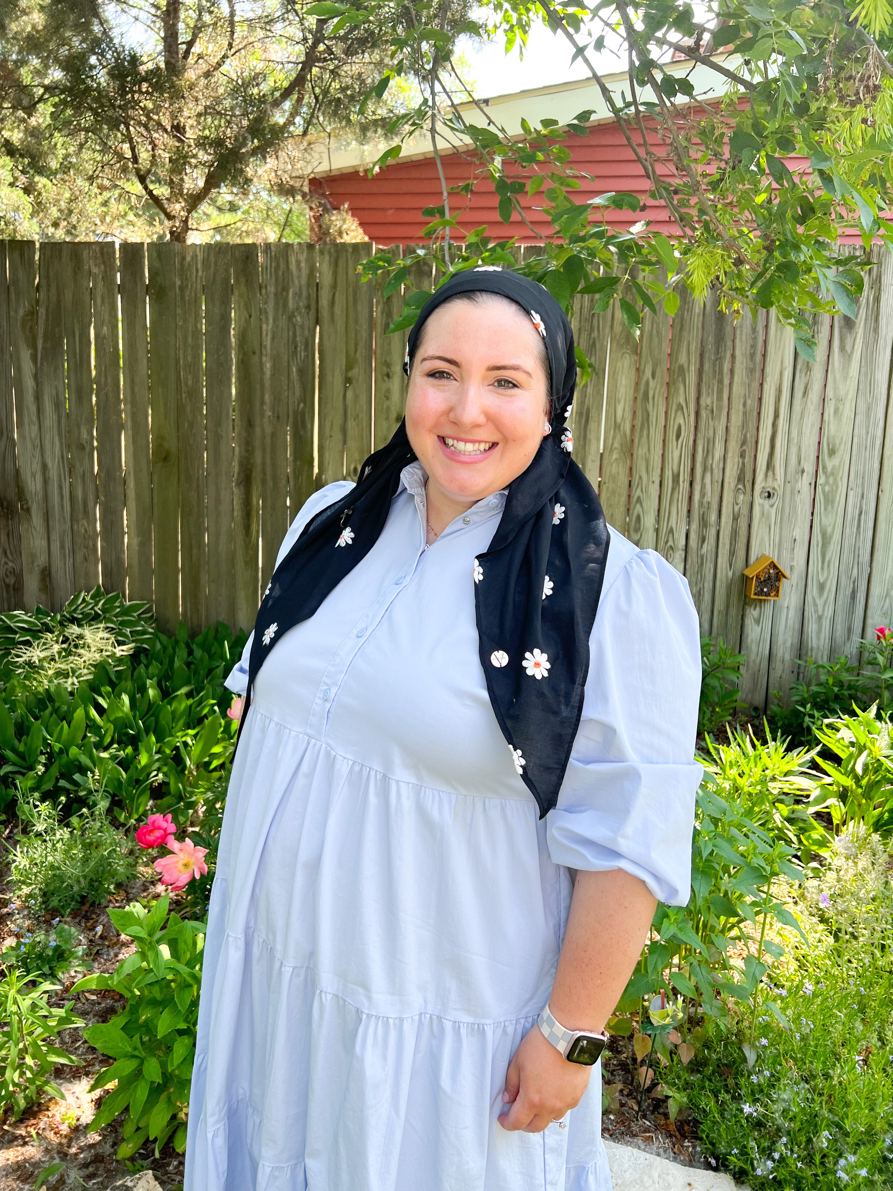 Alyssa X Valeri Black Embroidered Daisy Pre-Tie Scarf