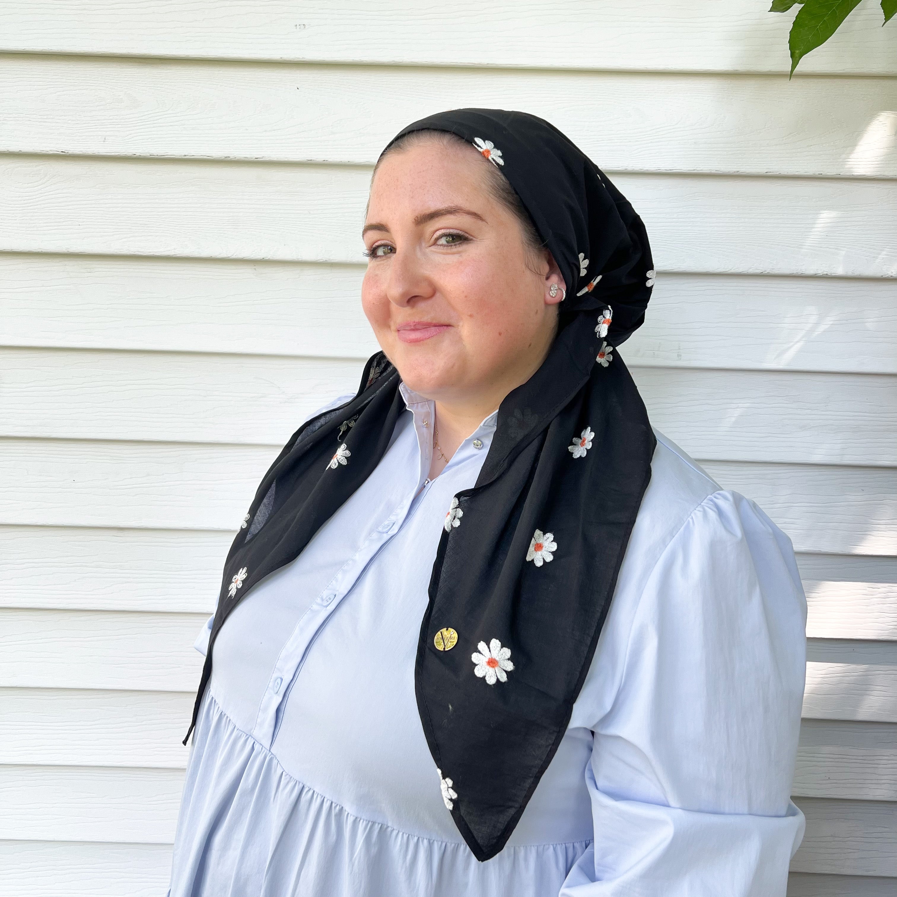 Alyssa X Valeri Black Embroidered Daisy Pre-Tie Scarf