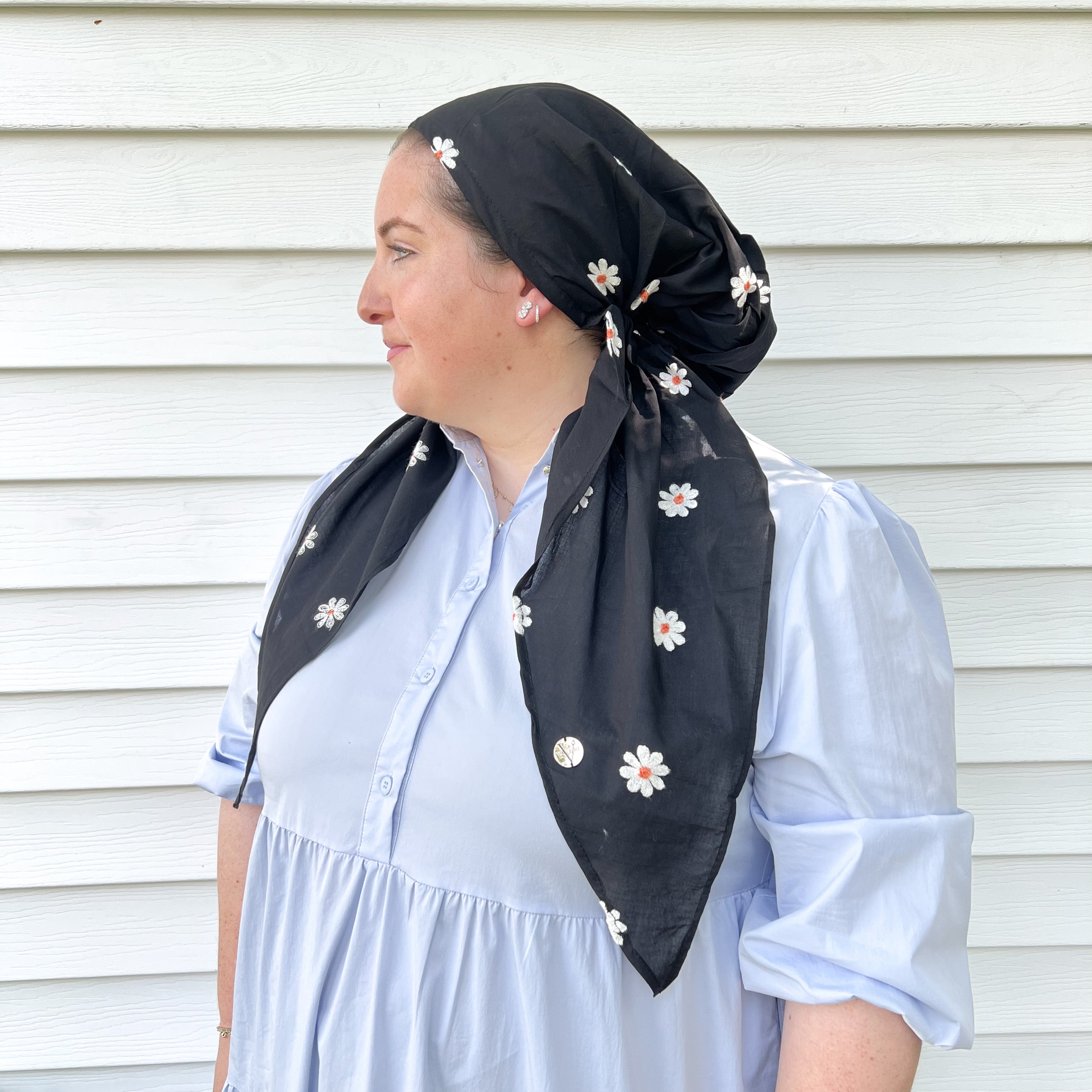 Alyssa X Valeri Black Embroidered Daisy Pre-Tie Scarf