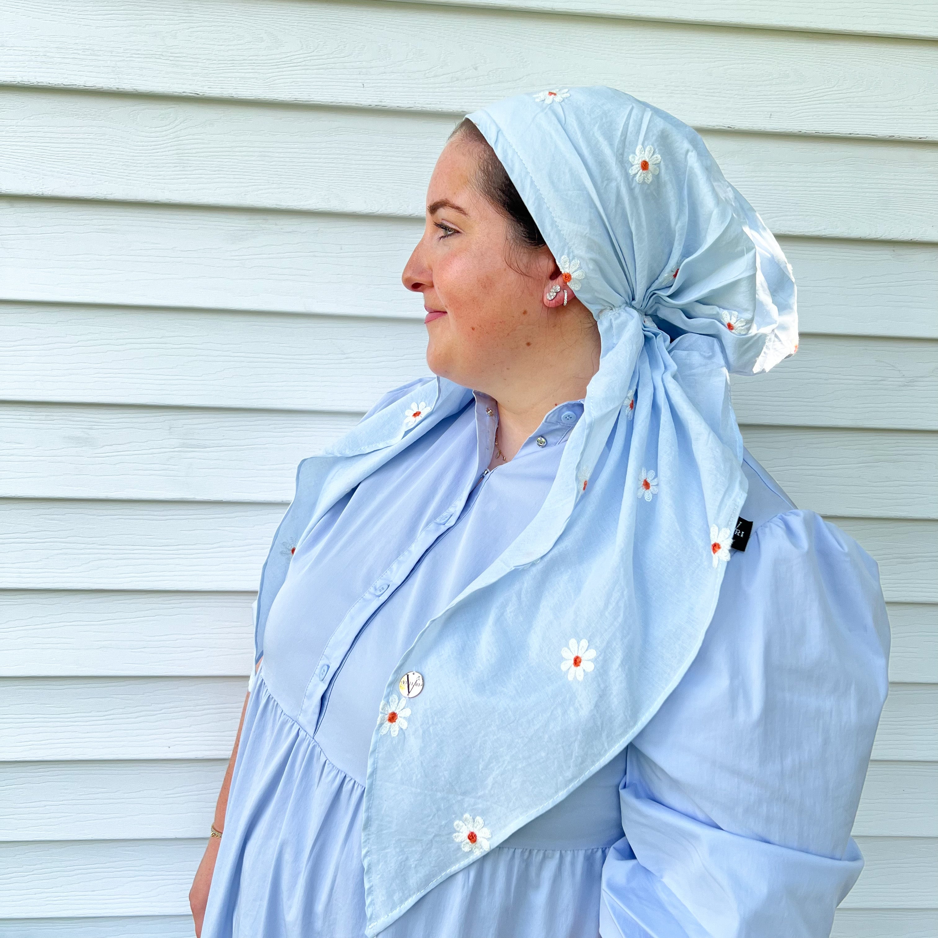 Alyssa X Valeri Sky Blue Embroidered Daisy Pre-Tie Scarf