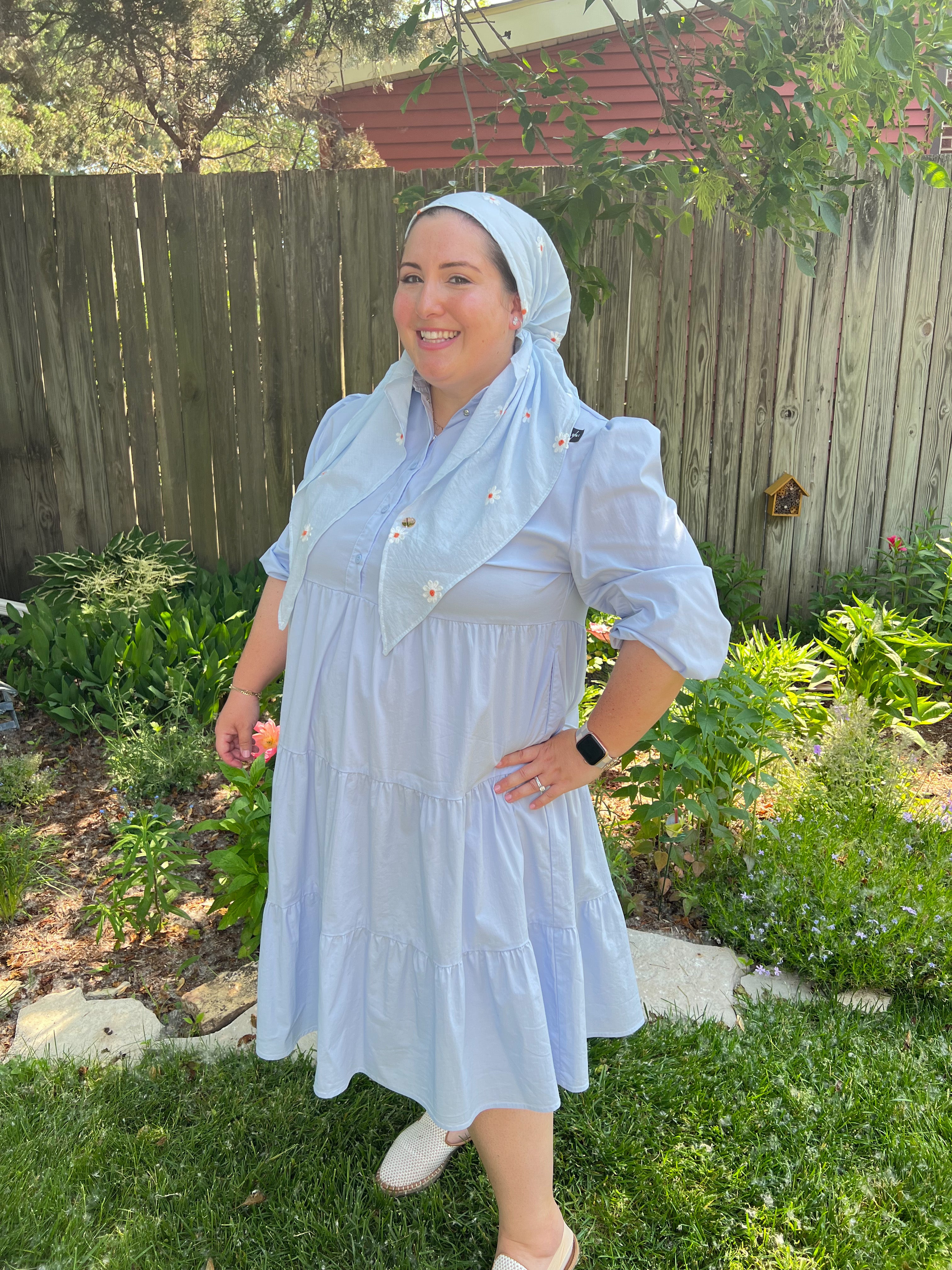 Alyssa X Valeri Sky Blue Embroidered Daisy Pre-Tie Scarf