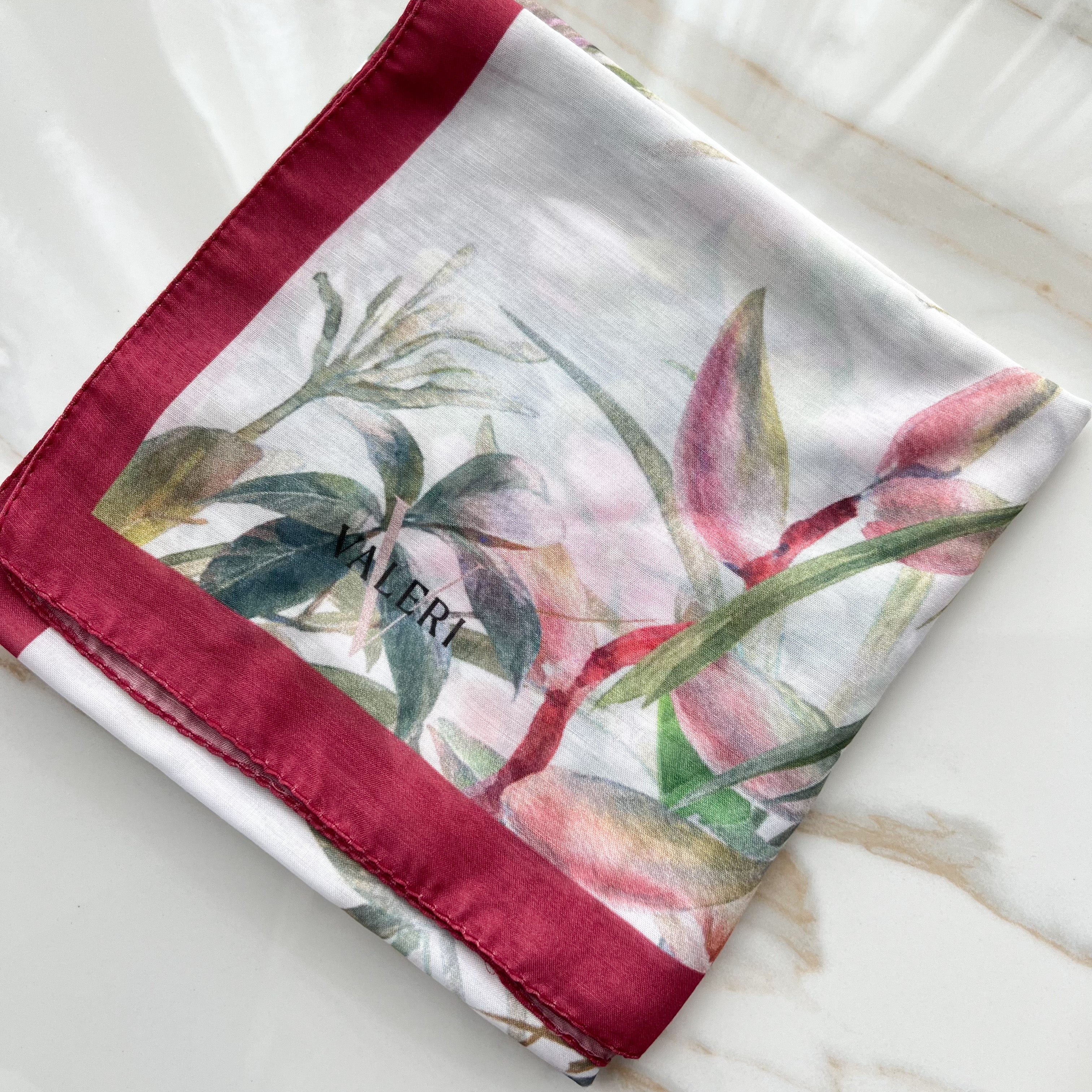 Botanical Small Open Square Scarf with Red Border