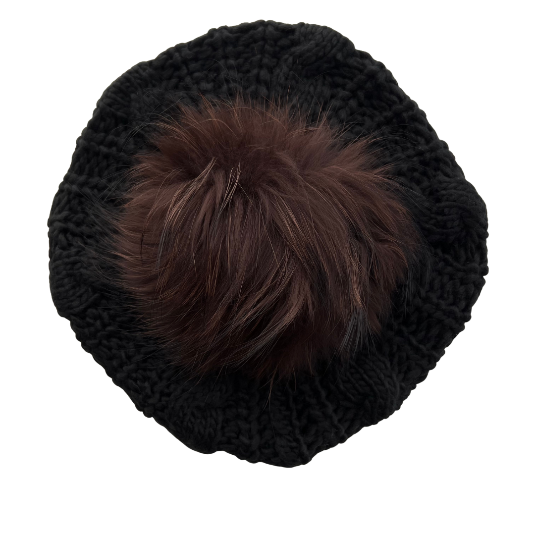 Black Winter Solid Pom Pom Cable Knit Beret