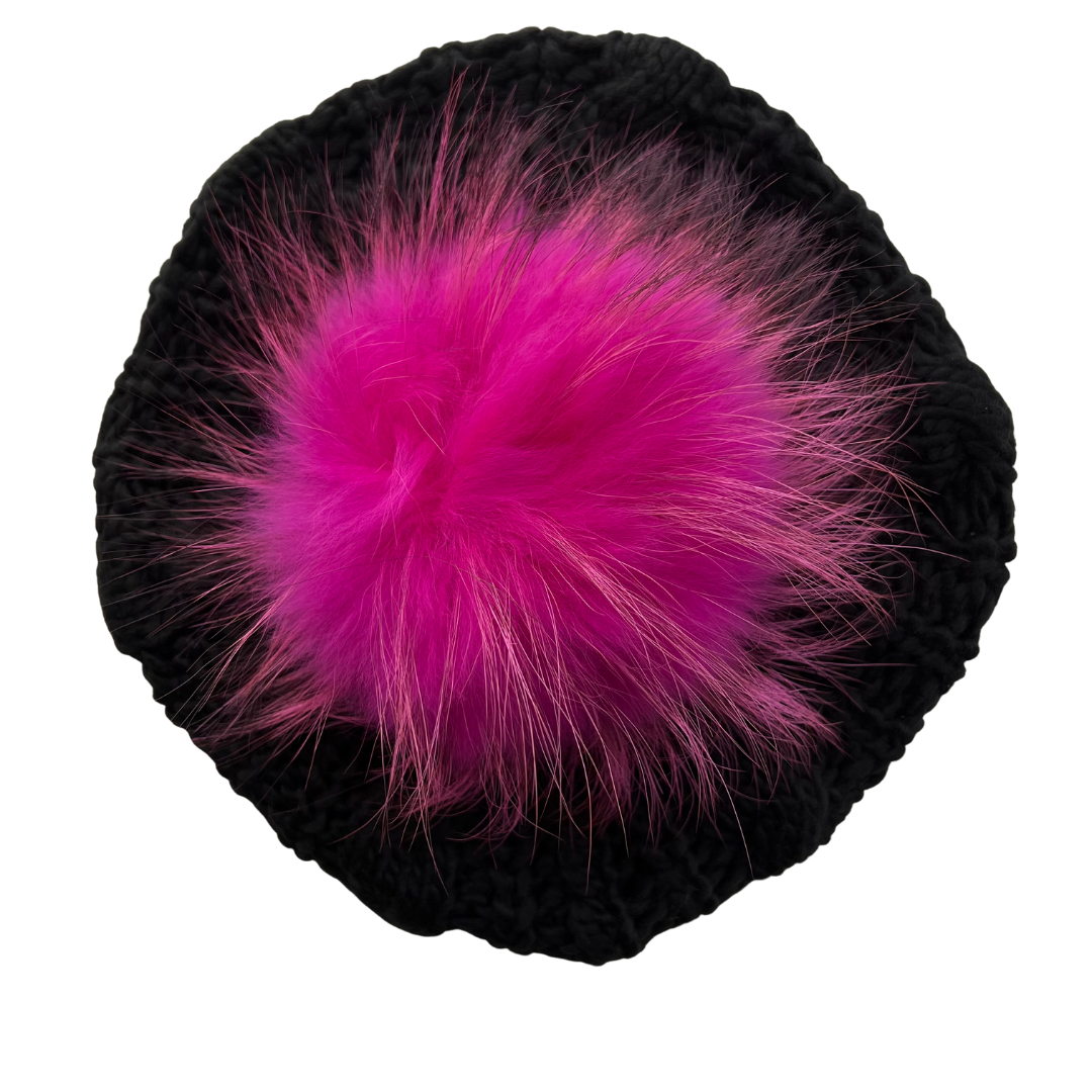 Black Winter Solid Pom Pom Cable Knit Beret