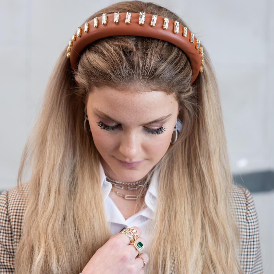 Serena Cognac Leather Baguette Jeweled Padded Hard Headband