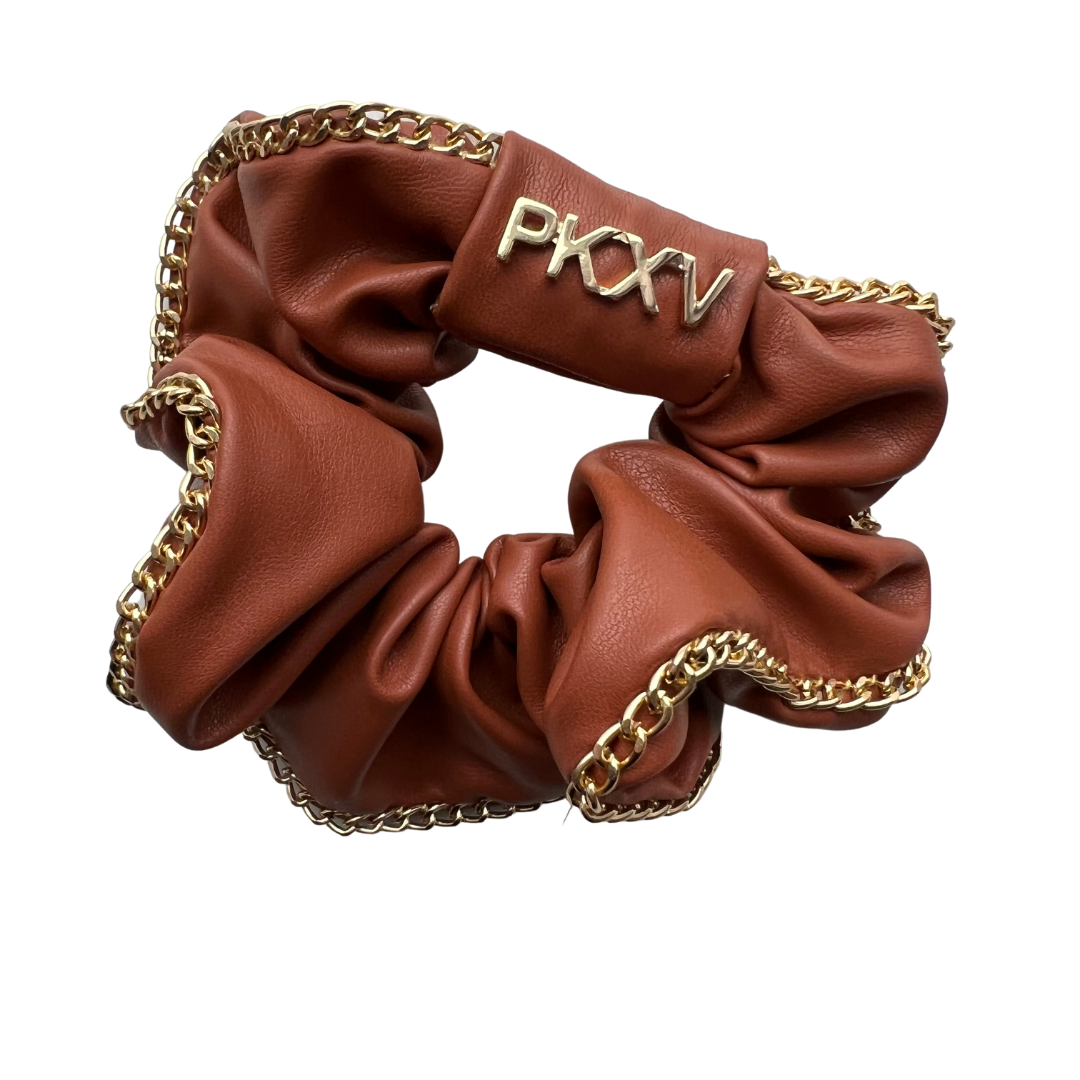 PK HART X VALERI Cognac Leather Scrunchie with Gold Chain