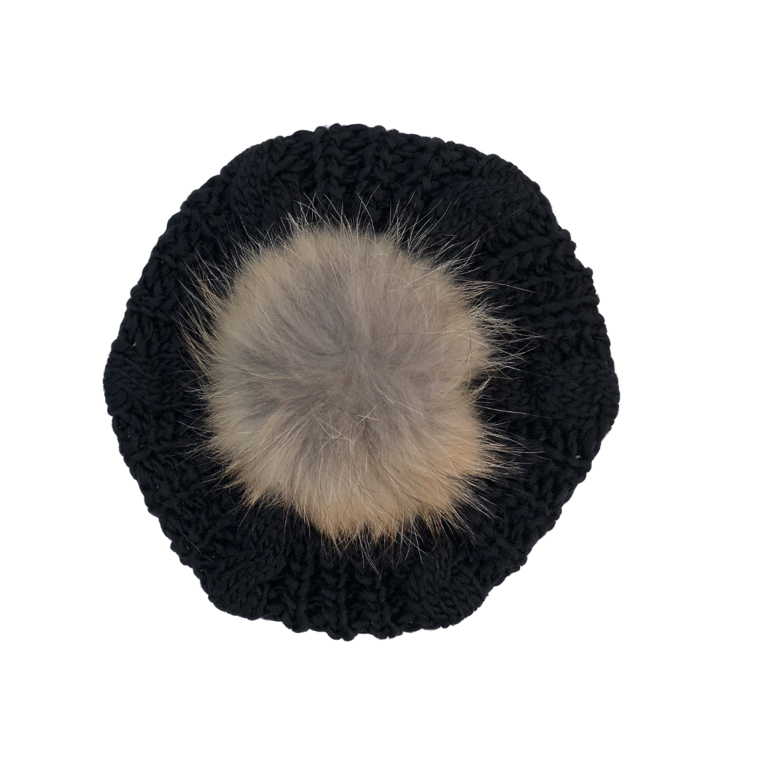 Black Winter Solid Pom Pom Cable Knit Beret