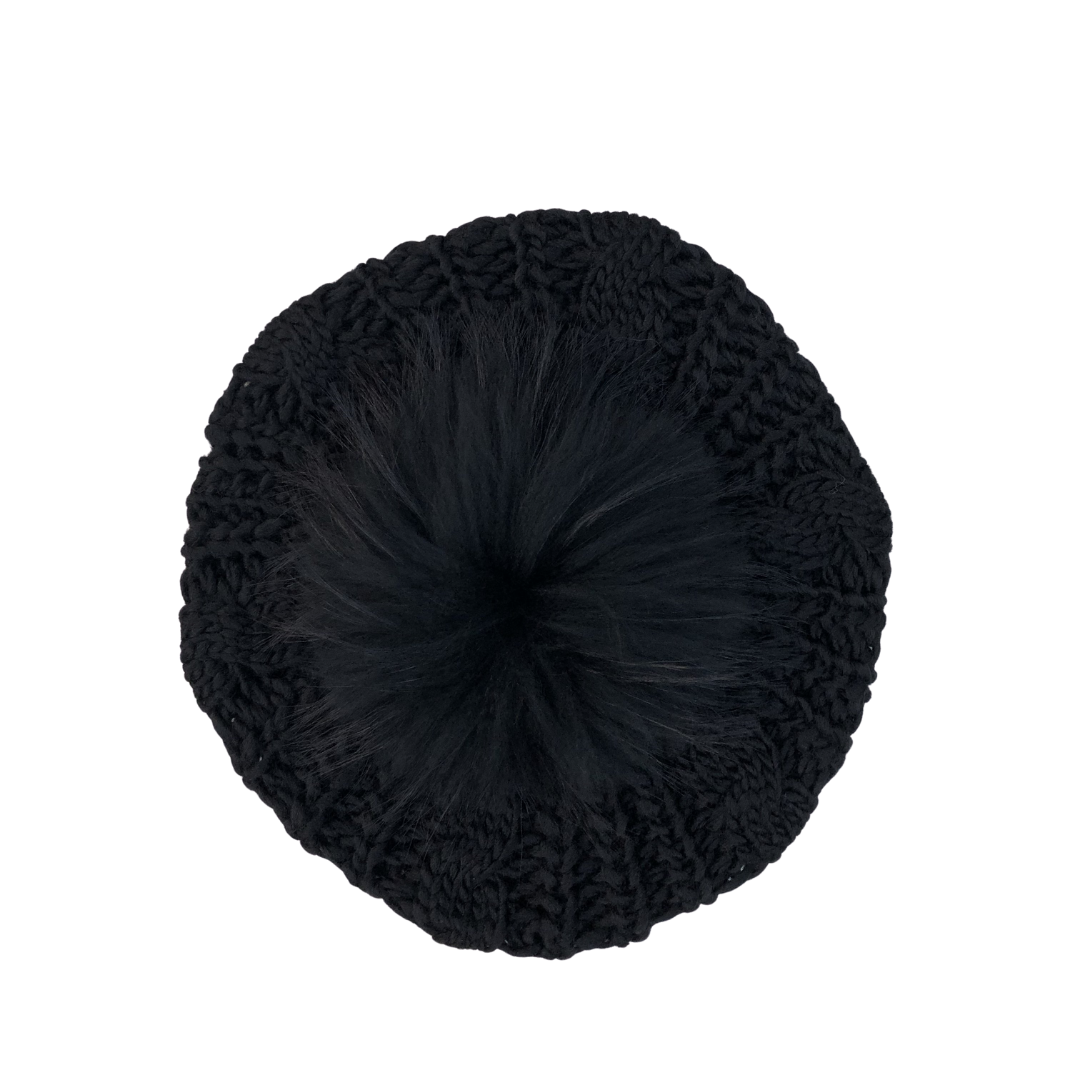Black Winter Solid Pom Pom Cable Knit Beret