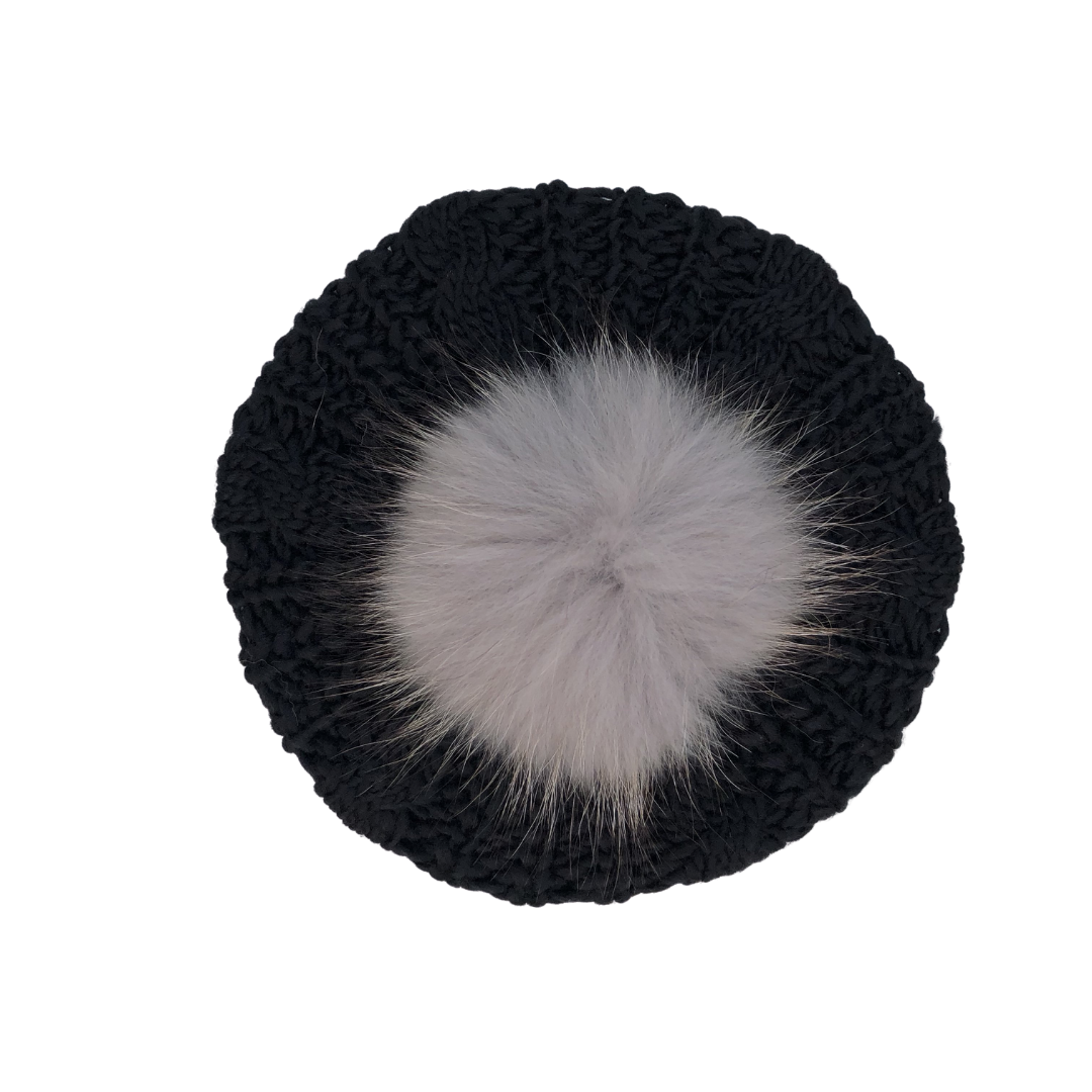 Black Winter Solid Pom Pom Cable Knit Beret