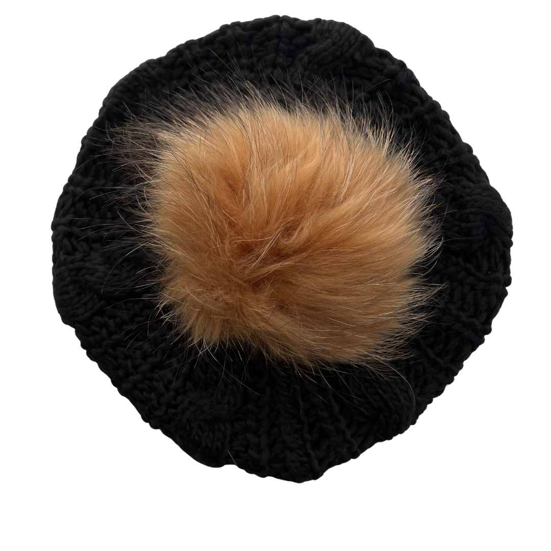 Black Winter Solid Pom Pom Cable Knit Beret