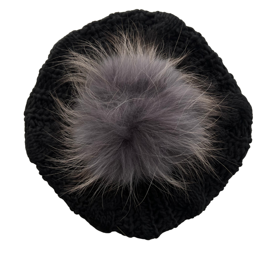 Black Winter Solid Pom Pom Cable Knit Beret