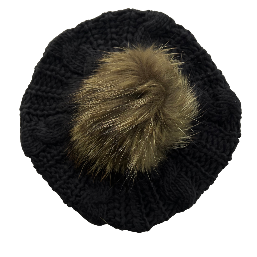 Black Winter Solid Pom Pom Cable Knit Beret