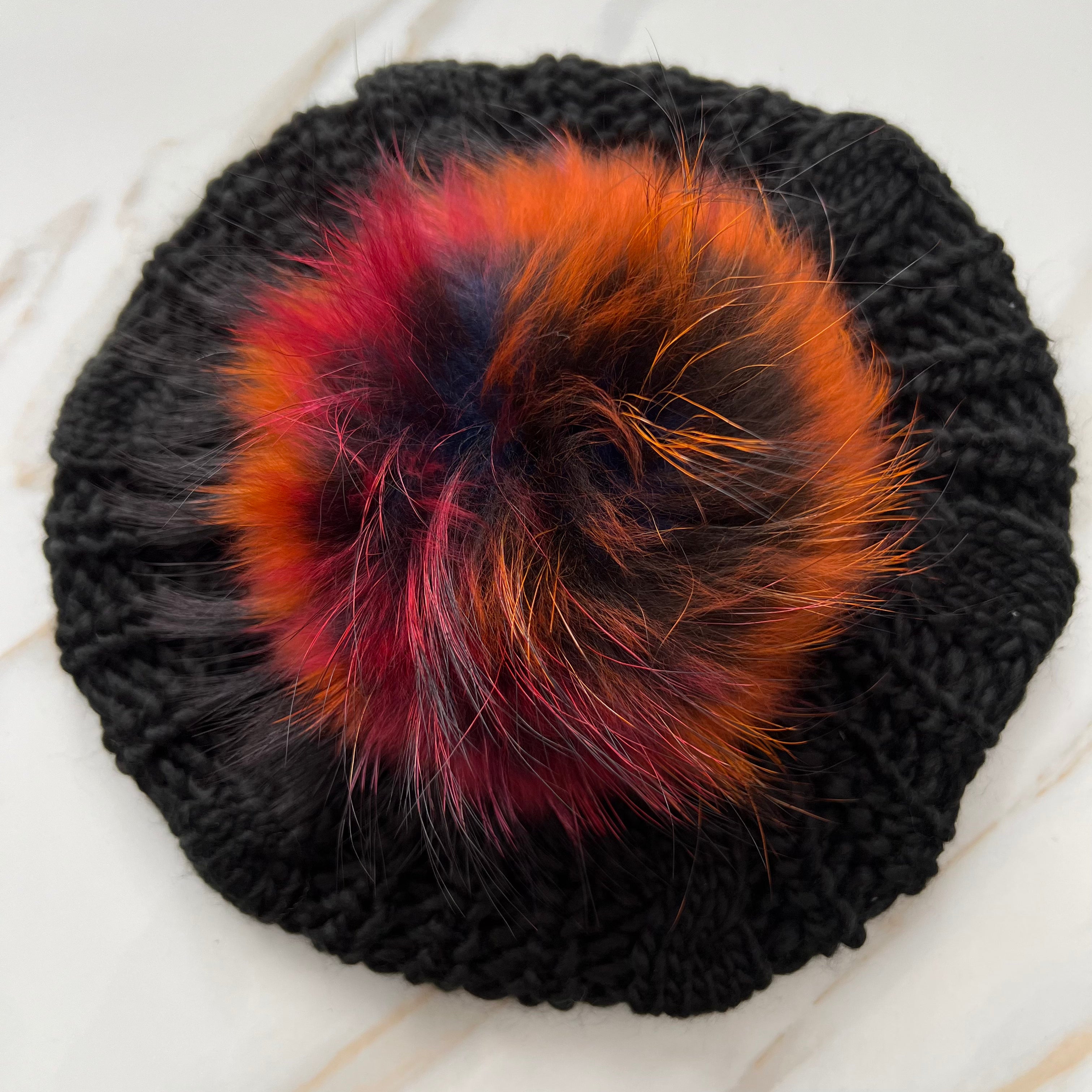 Black Beret w/ Dark Multi Color Pom Pom