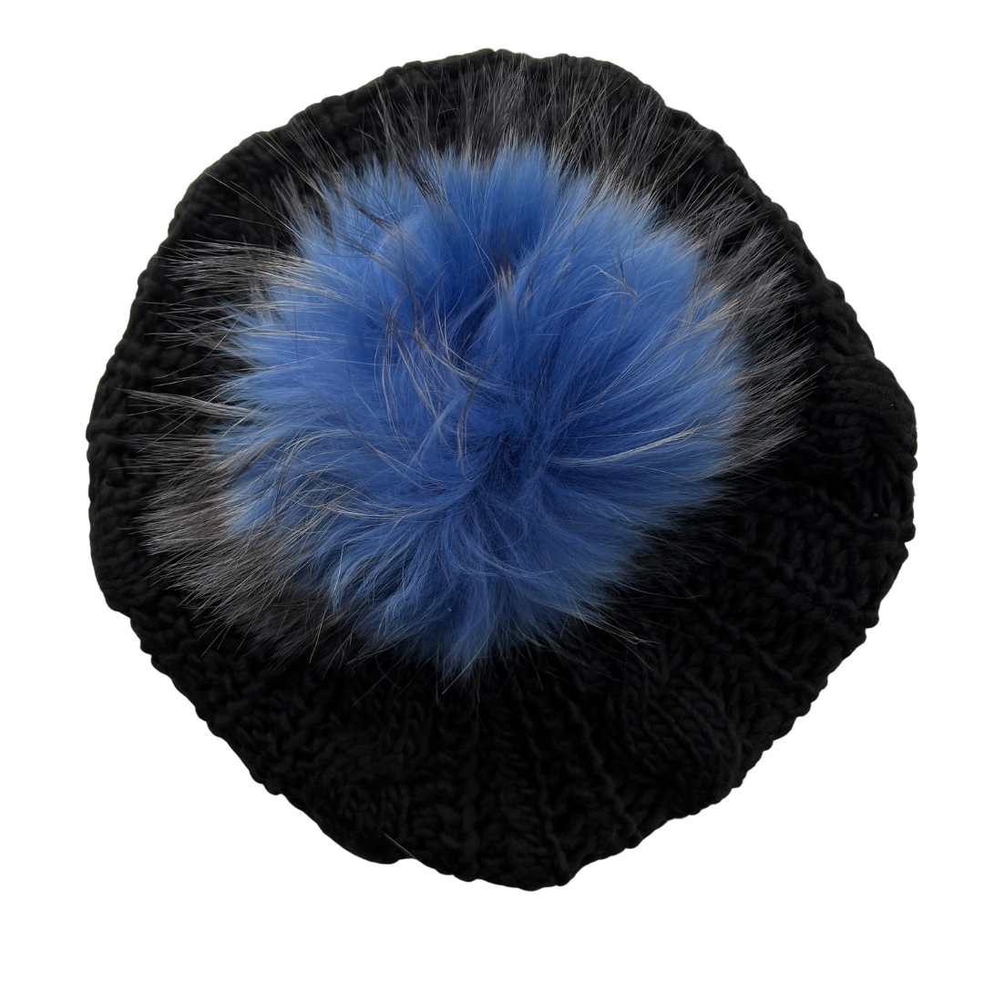 Black Winter Solid Pom Pom Cable Knit Beret