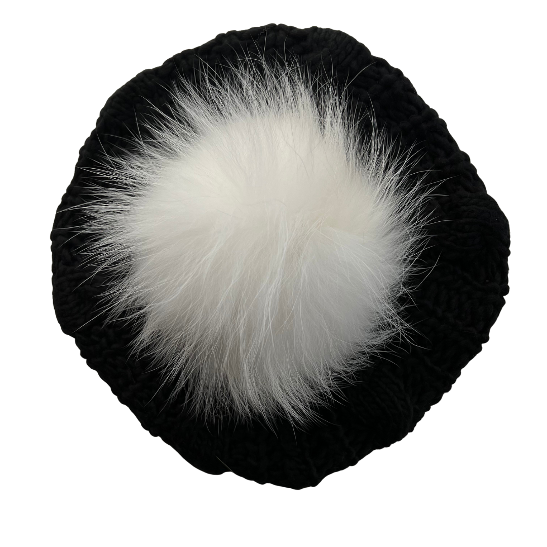 Black Winter Solid Pom Pom Cable Knit Beret